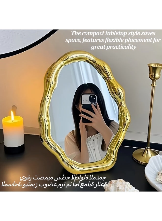 Tabletop Mirror, Bedroom Household Makeup Mirror, Aesthetic Free-Standing Vanity Mirror, Desktop Vanity Mirror for Bedroom, Living Room, Office Desk (27 x 21 cm, Gold) - Image 2